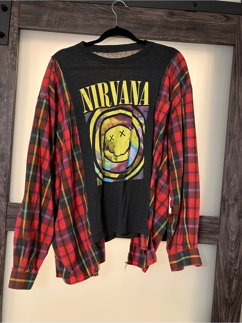 NIRVANA Black Graphic Tee with Red Plaid Long Sleeves